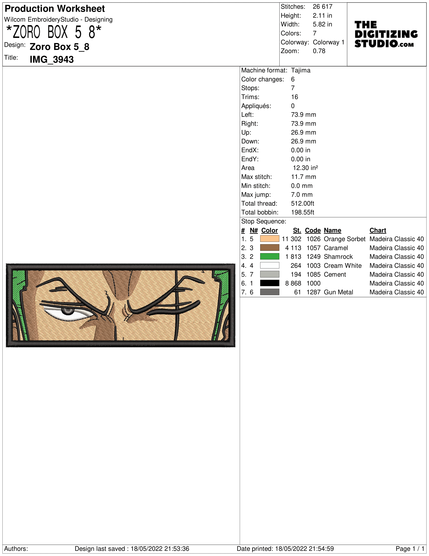 One Piece Zoro Embroidery Design File, One Piece Anime Embroidery Design,  Machine Embroidery File. Zoro Roronoa Design